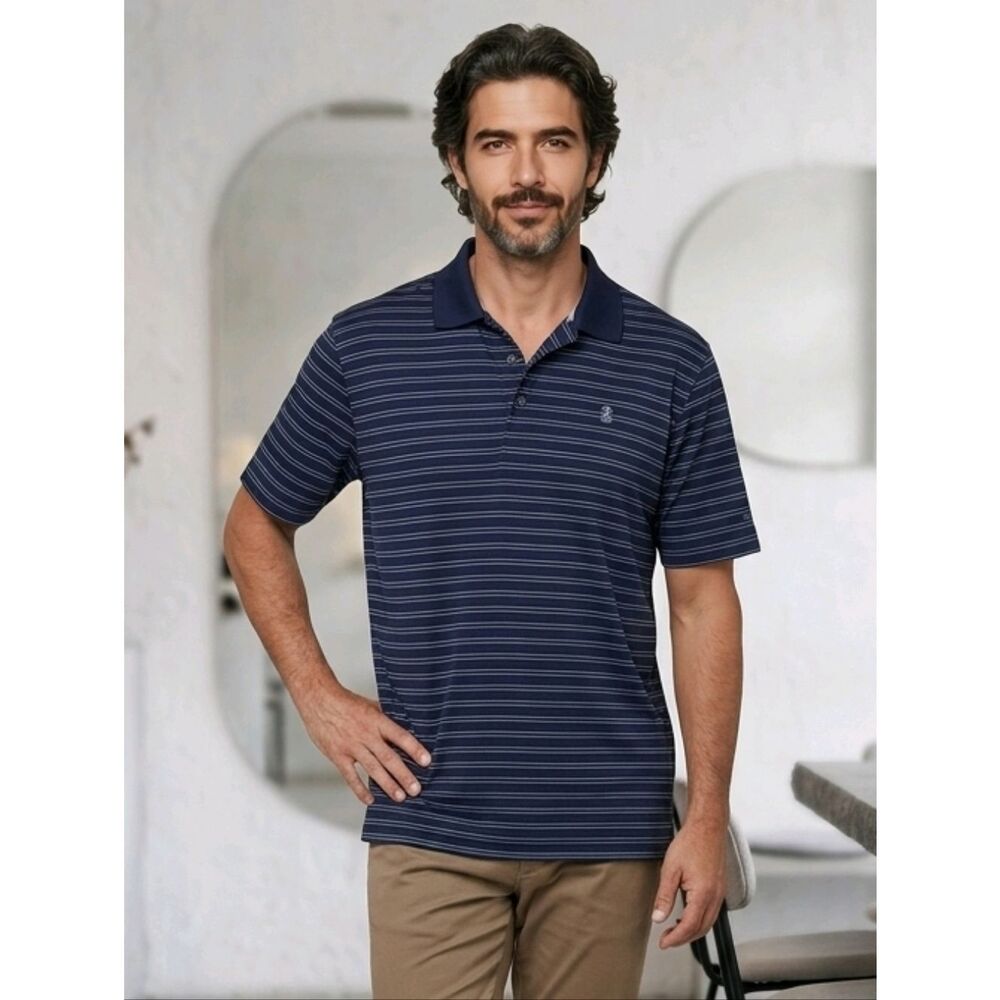 Izod Mens XL Blue Stripe Short Sleeve Jacquard Golf Polo Shirt Business Casual